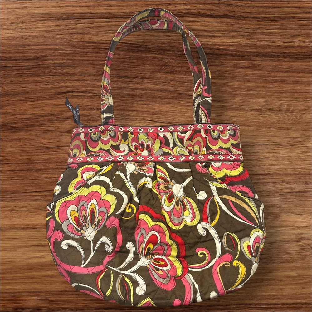 Vera‎ Bradley Floral Quilted Purse Handbag Satchel Brown Pink Yellow Multi